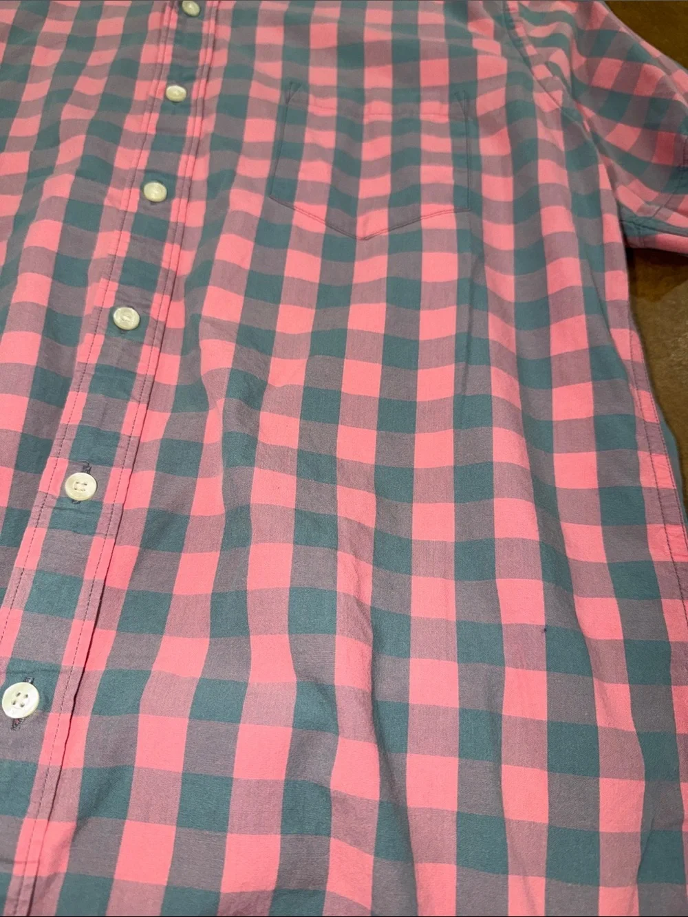 J. Crew Pink and Green-Gray Short-Sleeve Check Button-Down Shirt • Pocket • M